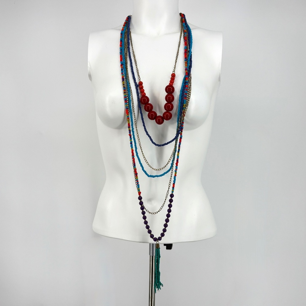 Noi Beaded Necklace  Super Long Glass Wood and Chain Multi Color Tassle Boho